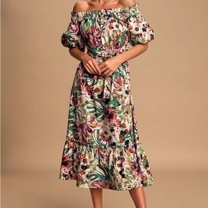 Lulu’s Beige Floral Print Off-The-Shoulder Midi Dress
